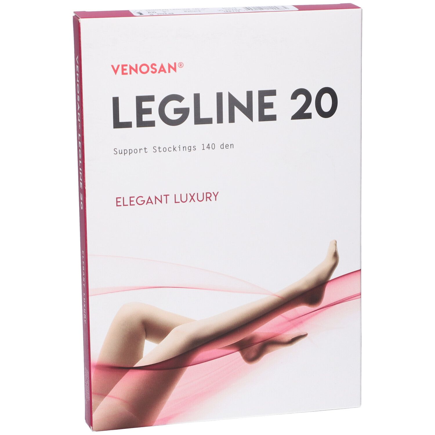 Confezione Venosan Legline 20. Scatola bianca con nome prodotto e illustrazione gamba. Accenti rosa.