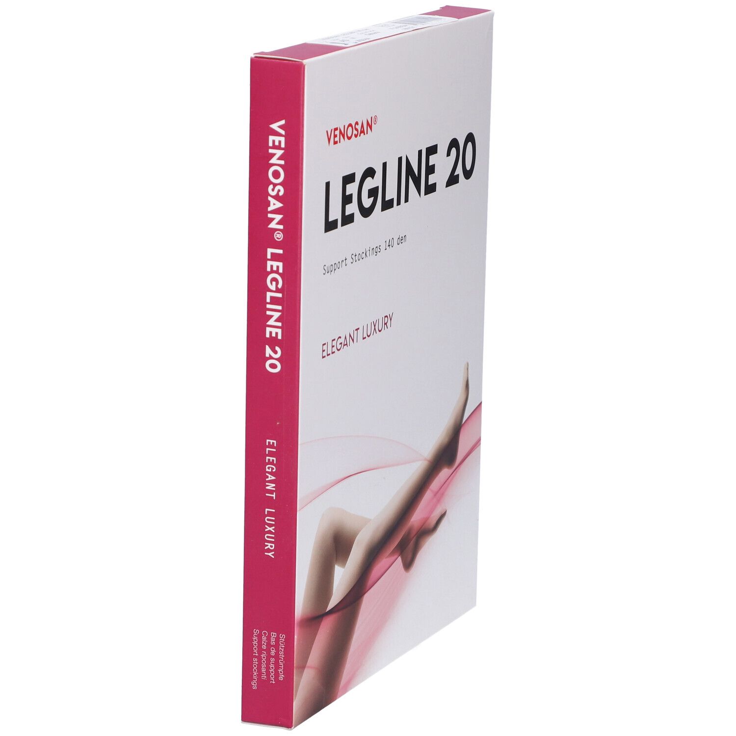 Confezione Venosan Legline 20. Scatola bianca con nome del prodotto e gambe illustrate. Accenti rosa e rossi.
