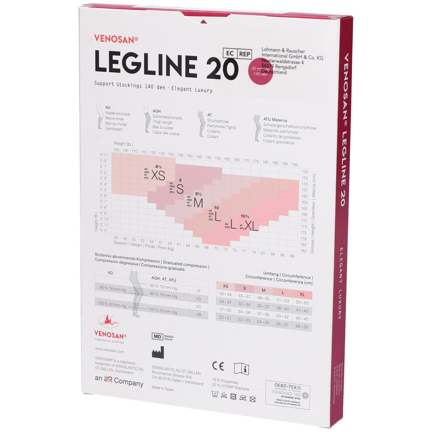Retro della confezione Venosan Legline 20. Contiene informazioni, tabella taglie e certificazioni.