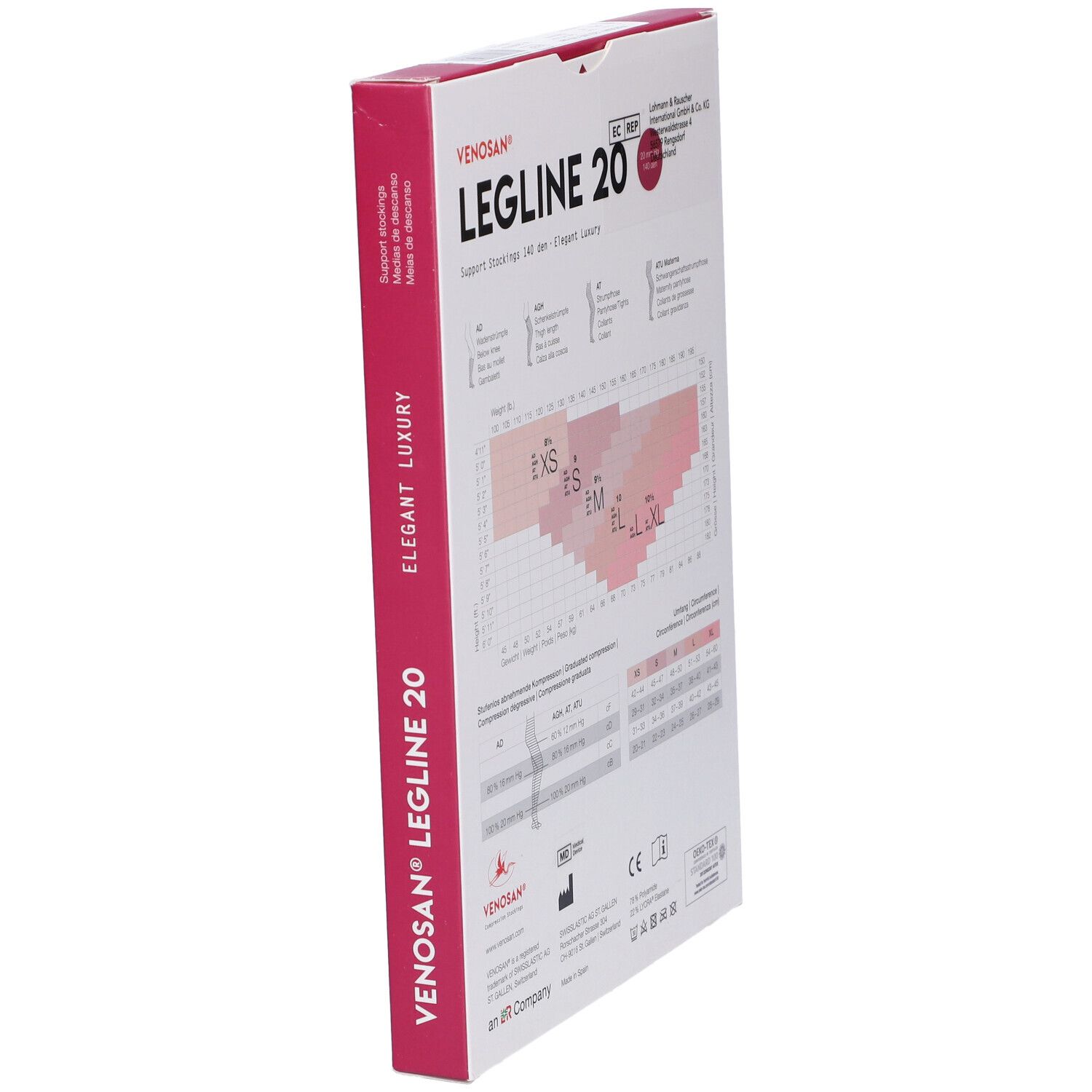 Confezione Venosan Legline 20, retro. Informazioni, tabella taglie e certificazioni.