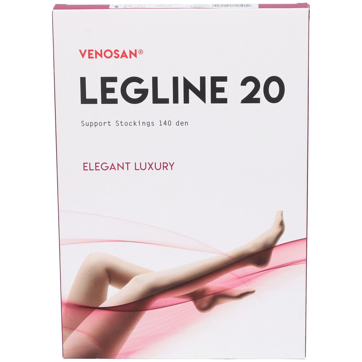 Confezione Venosan Legline 20. Scatola bianca con nome del prodotto e immagine di gambe. Accenti rosa.