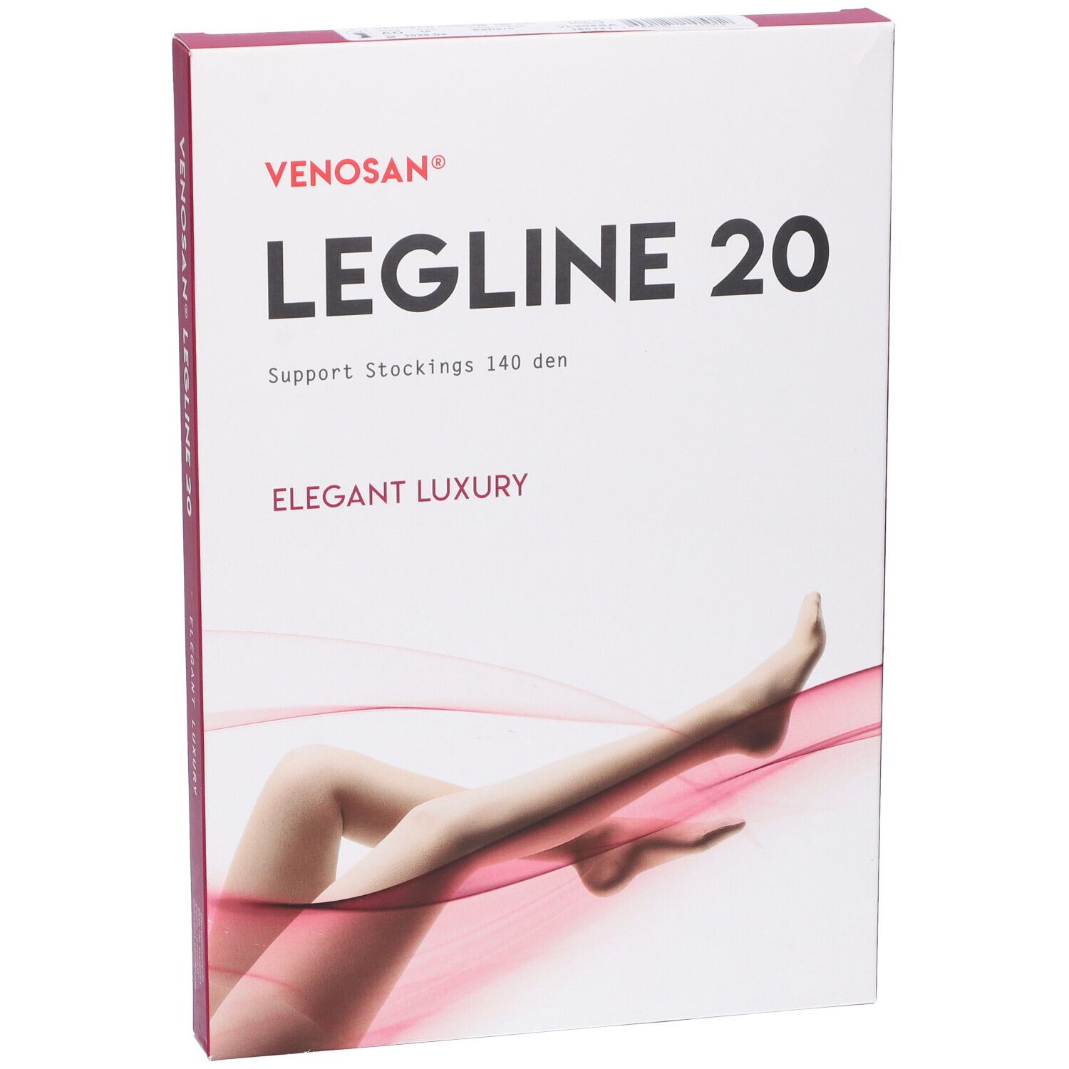 Confezione Venosan Legline 20. Scatola bianca con nome del prodotto e immagine di gambe. Accenti rosa.