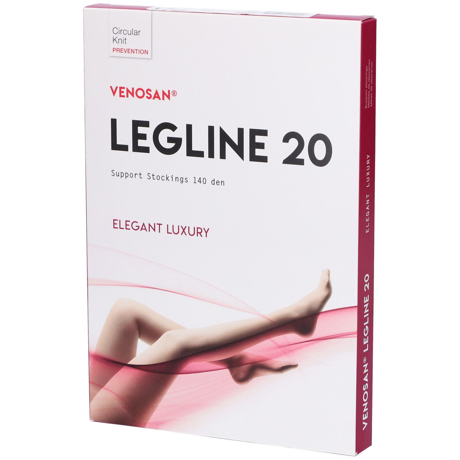 Confezione, Venosan Legline 20. Scritta: Support Stockings 140 den, Elegant Luxury. Con immagine della gamba.
