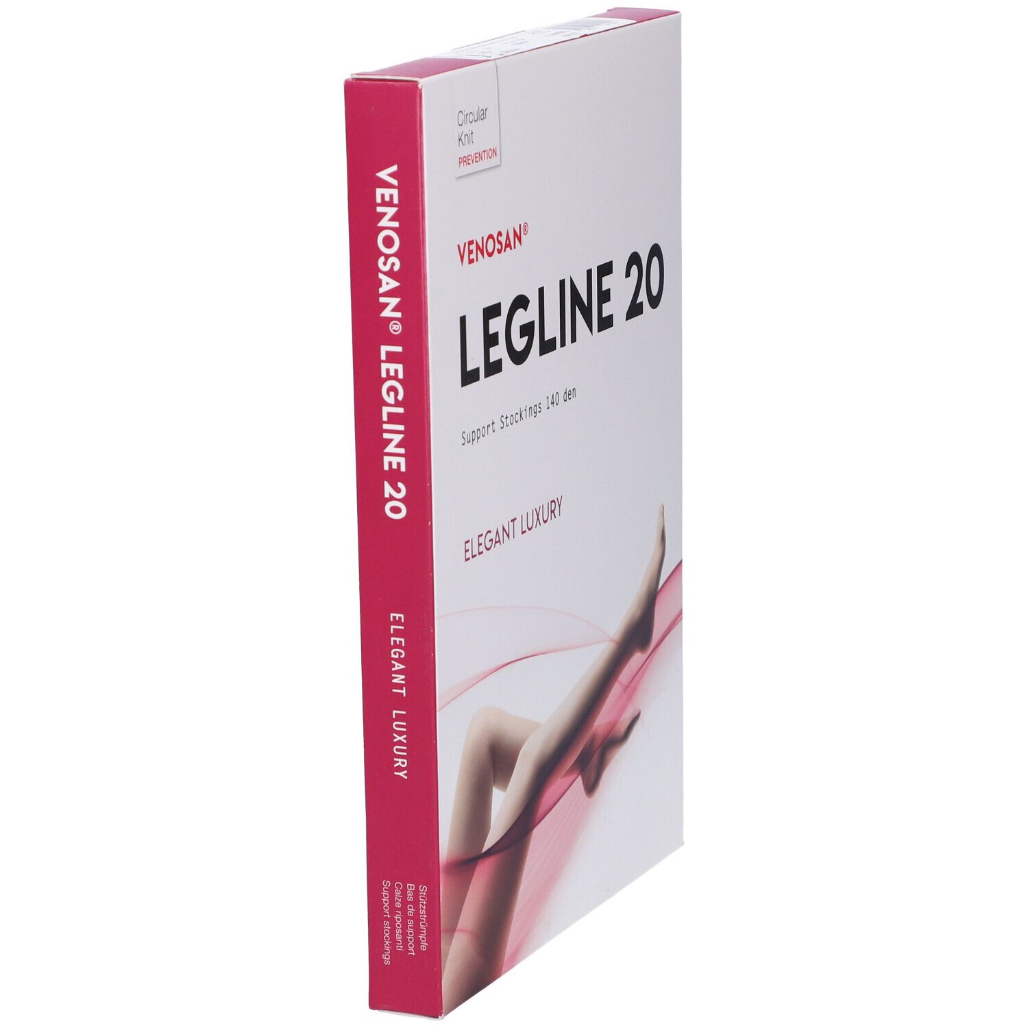 Confezione, Venosan Legline 20. Scritta: Support Stockings 140 den, Elegant Luxury. Con immagine della gamba.
