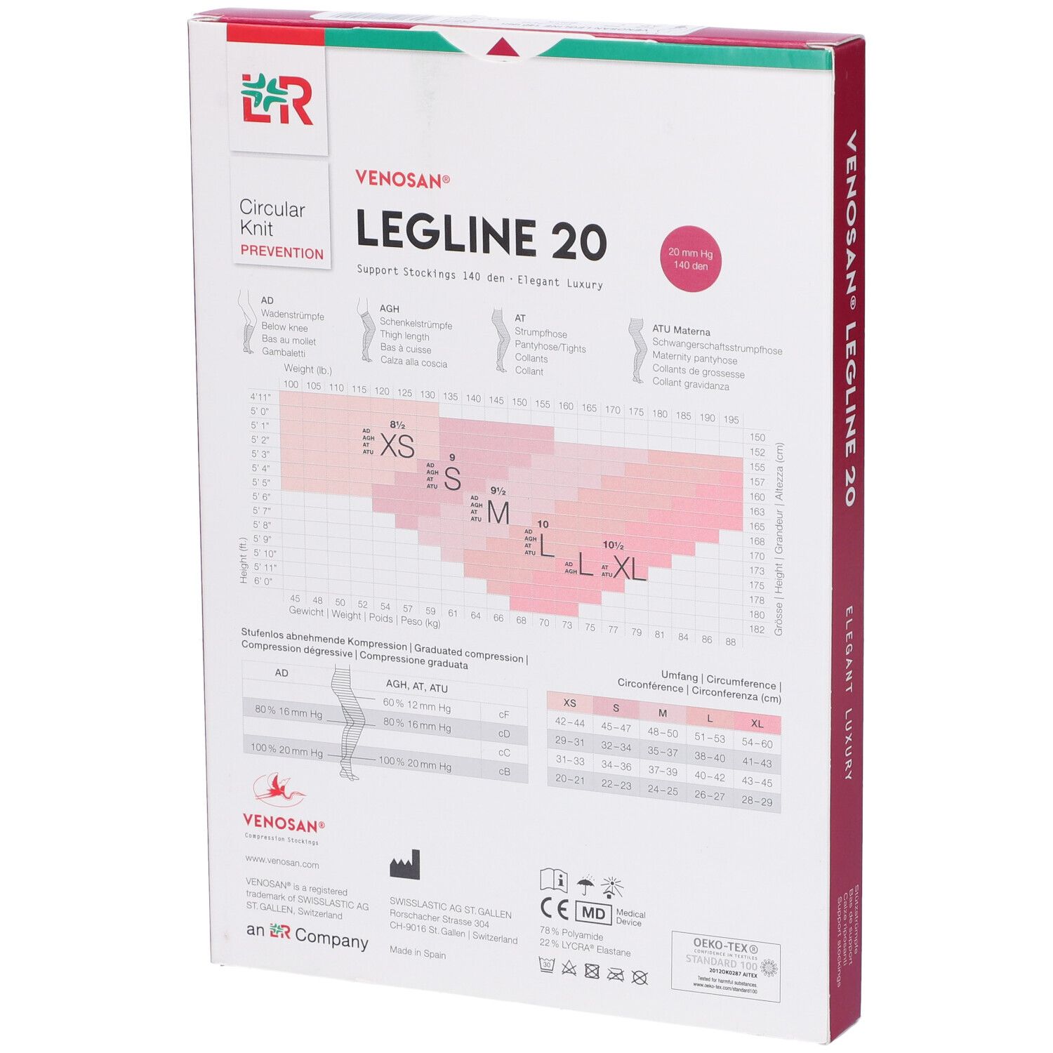 Retro della confezione. Venosan Legline 20. Tabella taglie, certificazioni, informazioni sulla compressione.