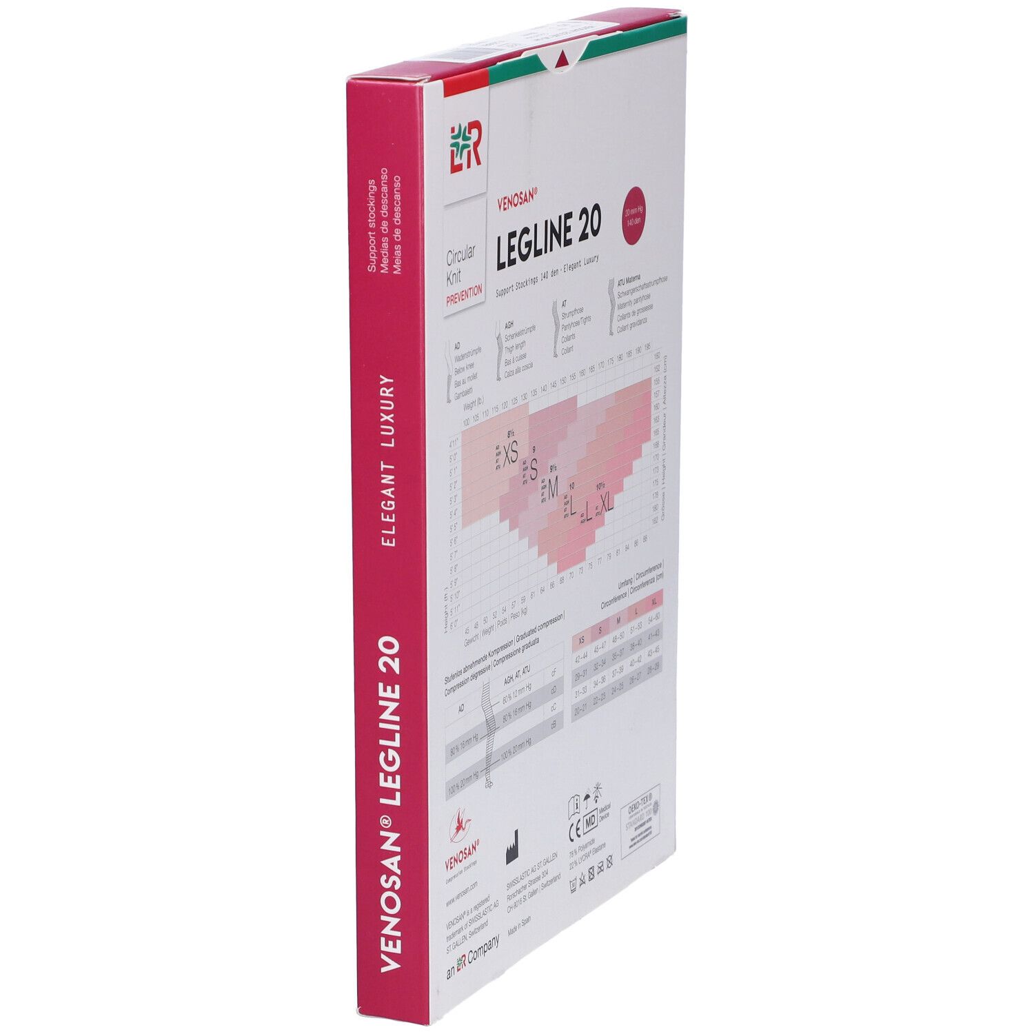 Confezione, Venosan Legline 20. Tabella taglie, certificazioni, informazioni sulla compressione.