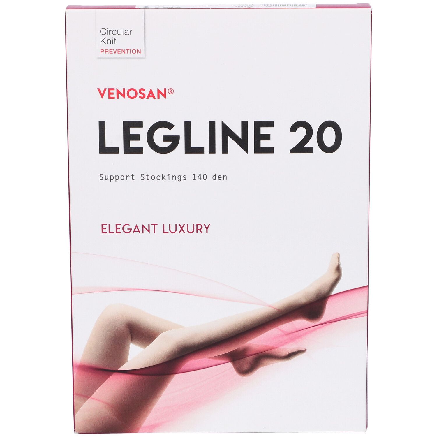 Confezione, Venosan Legline 20. Scritta: Support Stockings 140 den, Elegant Luxury. Con immagine della gamba.