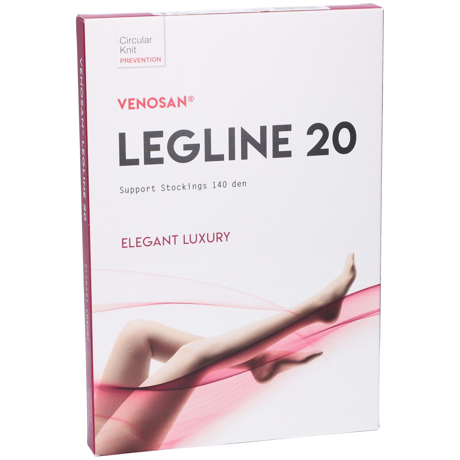 Confezione, Venosan Legline 20. Scritta: Support Stockings 140 den, Elegant Luxury. Con immagine della gamba.