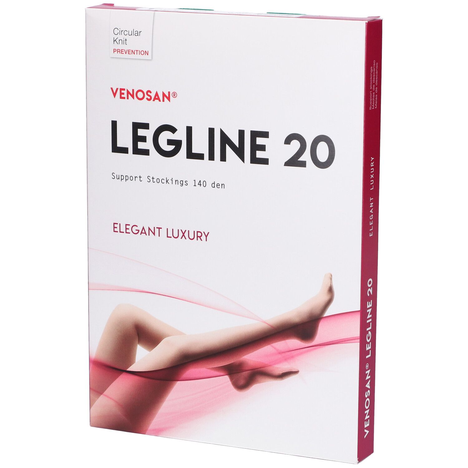 Confezione di calze a compressione Venosan Legline 20. Scritta: Legline 20, 140 den, Elegant Luxury. Immagine di gambe.