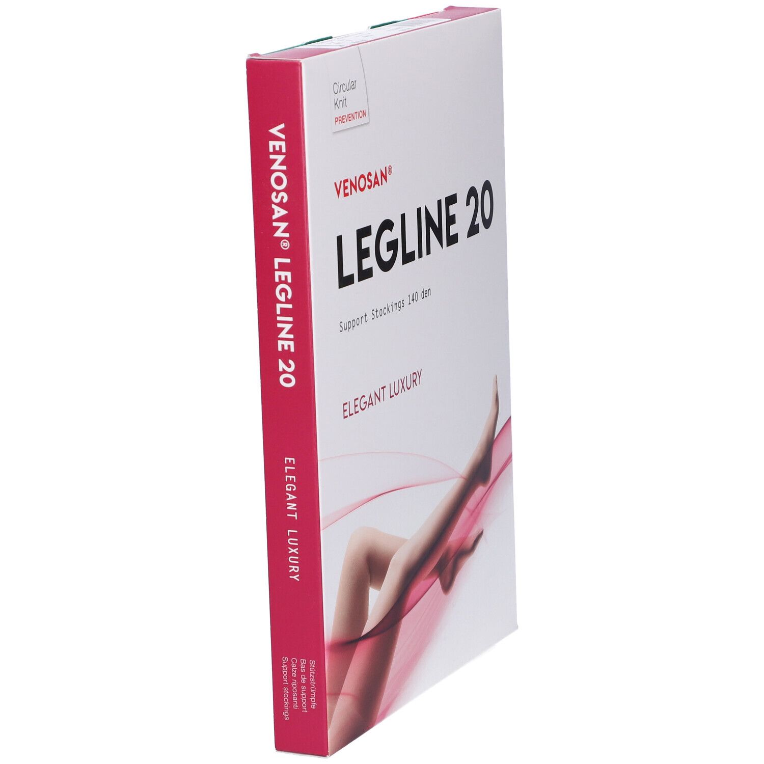 Confezione di calze a compressione Venosan Legline 20, in diagonale. Scritta: Legline 20, 140 den, Elegant Luxury. Immagine di gambe. Lati rossi.