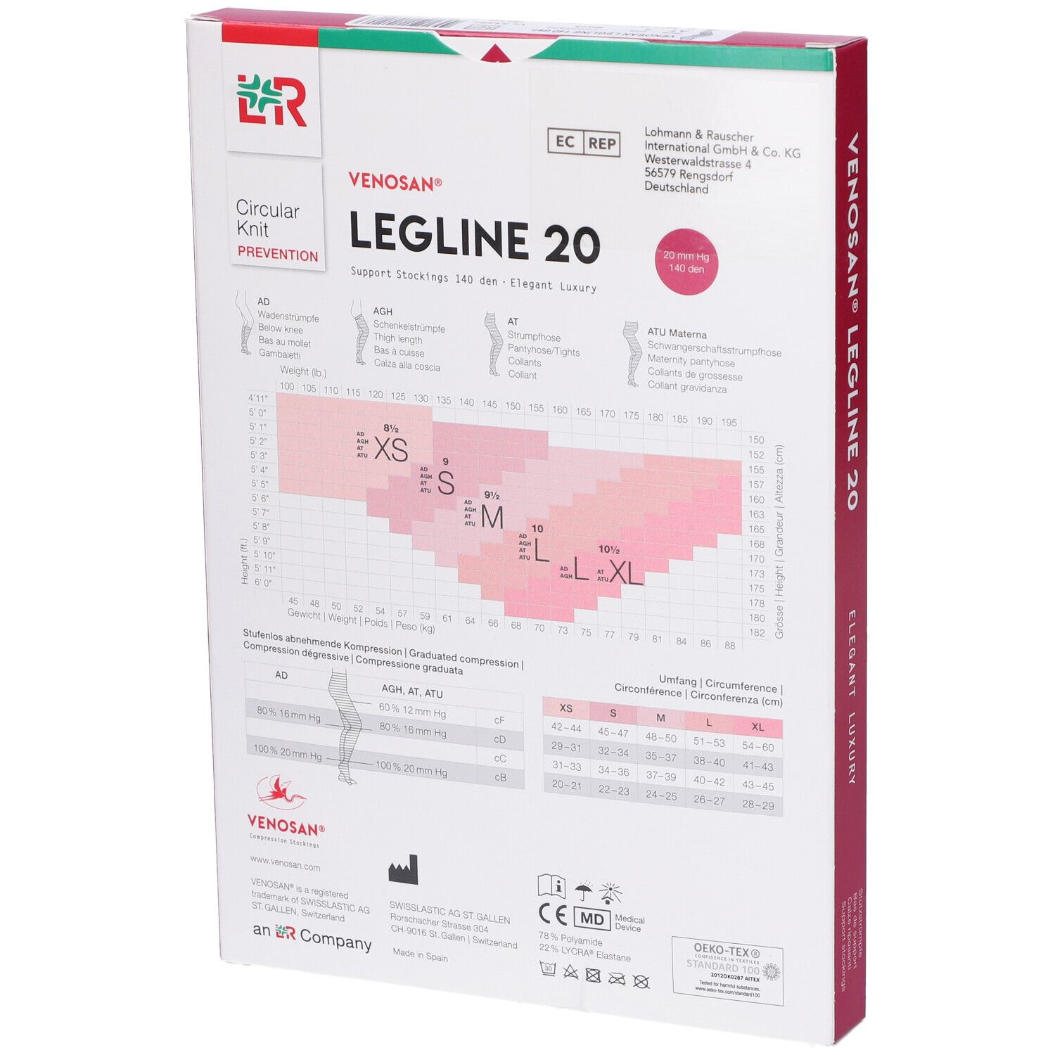 Retro della confezione Venosan Legline 20. Informazioni sulle taglie, tabella di compressione, certificazioni. Lati rossi.