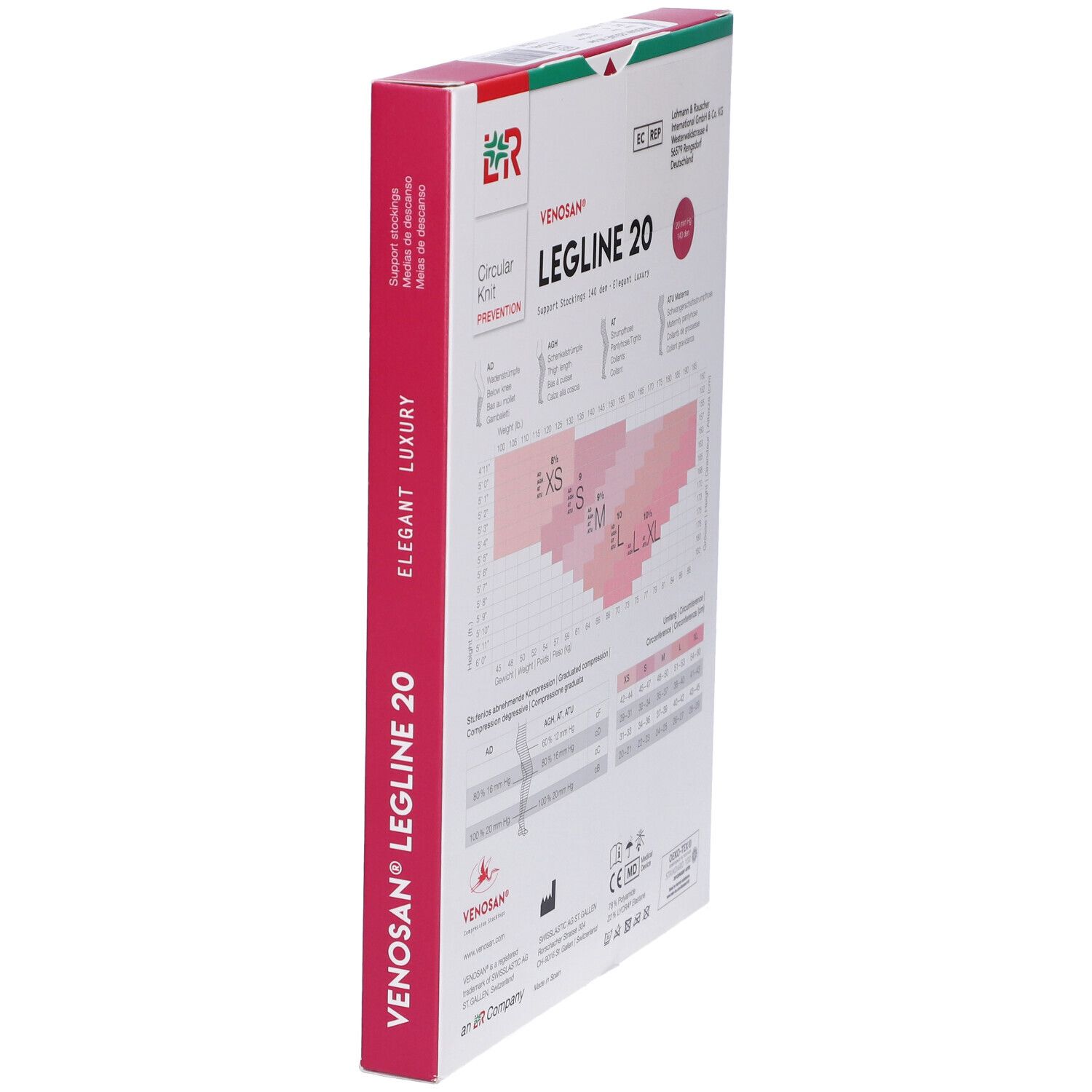 Confezione Venosan Legline 20 in diagonale. Retro con informazioni sulle taglie e certificazioni. Lati rossi.