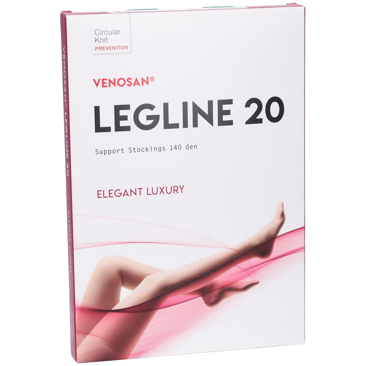 Confezione Venosan Legline 20. Scritta: Legline 20, 140 den, Elegant Luxury. Immagine di gambe. Sfondo bianco.