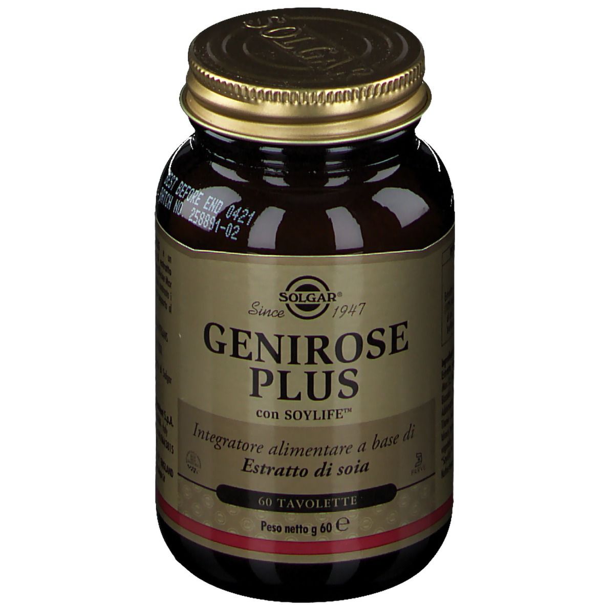 Flacone di vetro marrone con tappo dorato. Scritta: SOLGAR® Genirose Plus. 60 compresse.