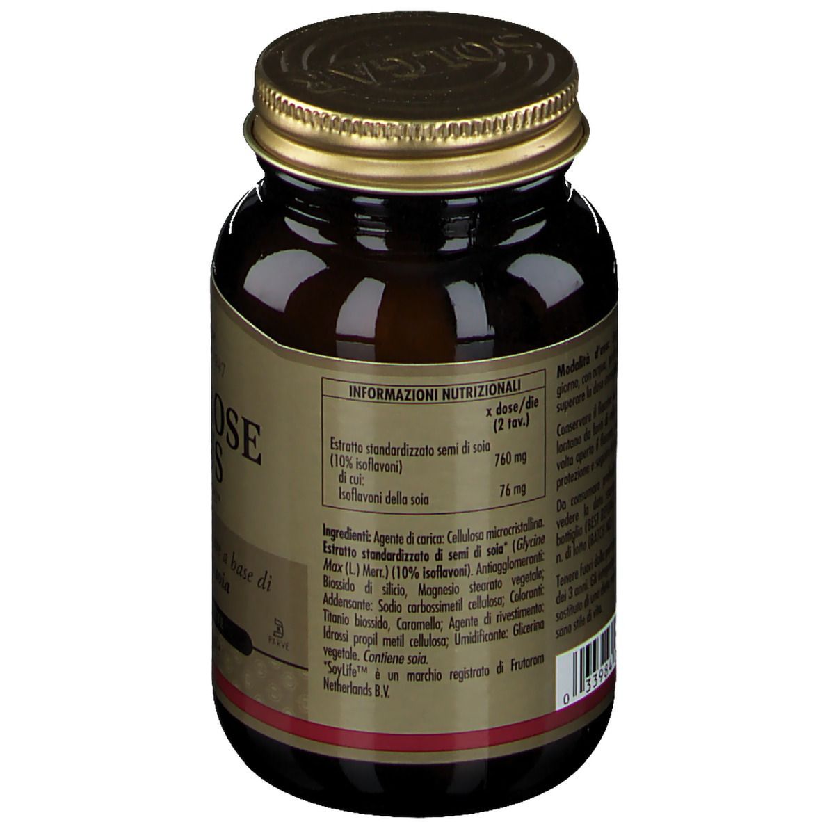 Retro del flacone di vetro marrone. Contiene informazioni nutrizionali e ingredienti. Testo in italiano.