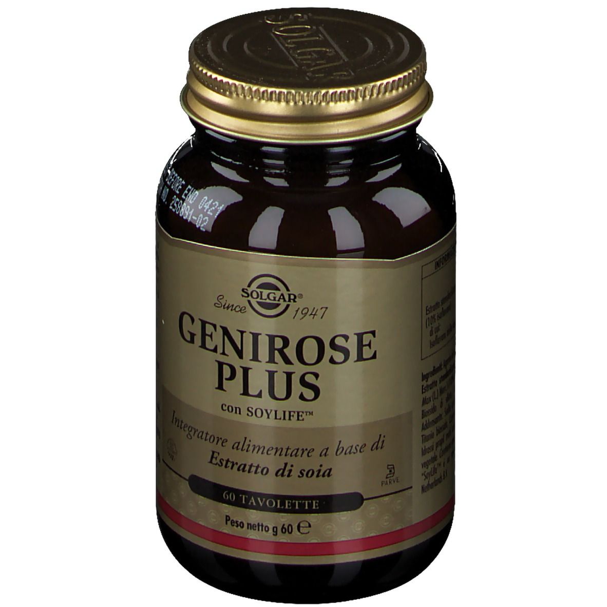 Flacone di vetro marrone con tappo dorato. Scritta: SOLGAR® Genirose Plus. 60 compresse.