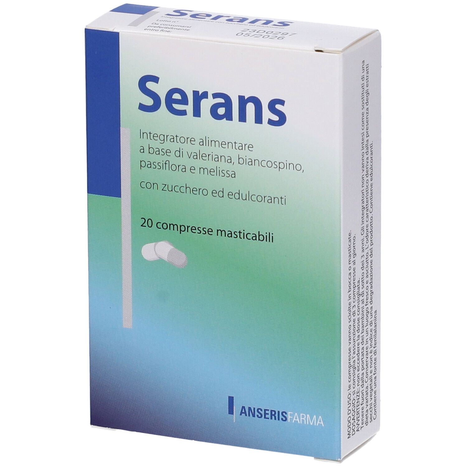 Scatola di compresse "Serans". Confezione blu e bianca con nome del prodotto e informazioni. 20 compresse.