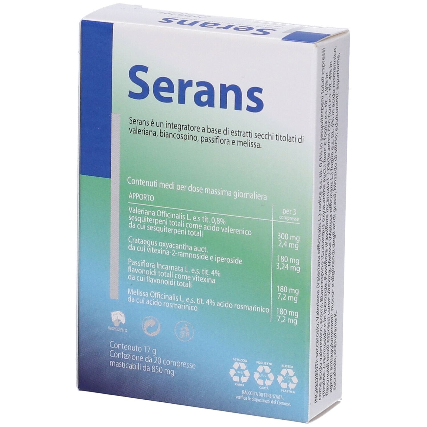 Scatola "Serans" con informazioni nutrizionali. Confezione bianca con accento blu. Testo in italiano.