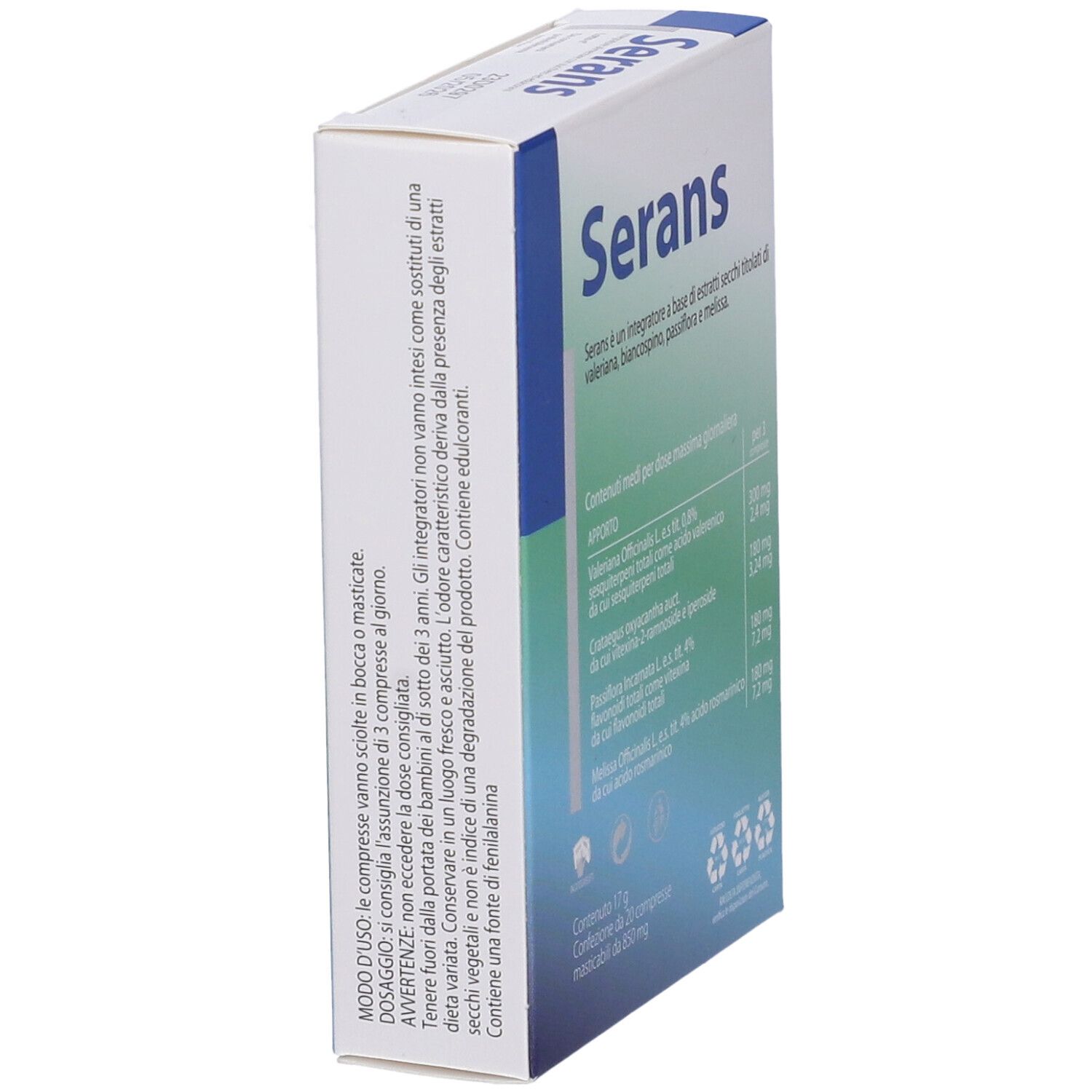Scatola "Serans" con istruzioni per l'uso. Confezione bianca con accento blu. Testo in italiano.