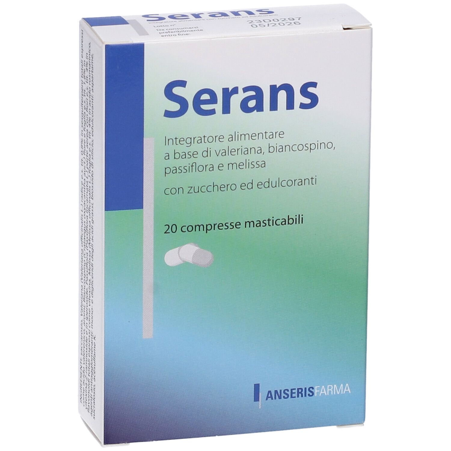 Scatola di compresse "Serans". Confezione blu e bianca con nome del prodotto e informazioni. 20 compresse.