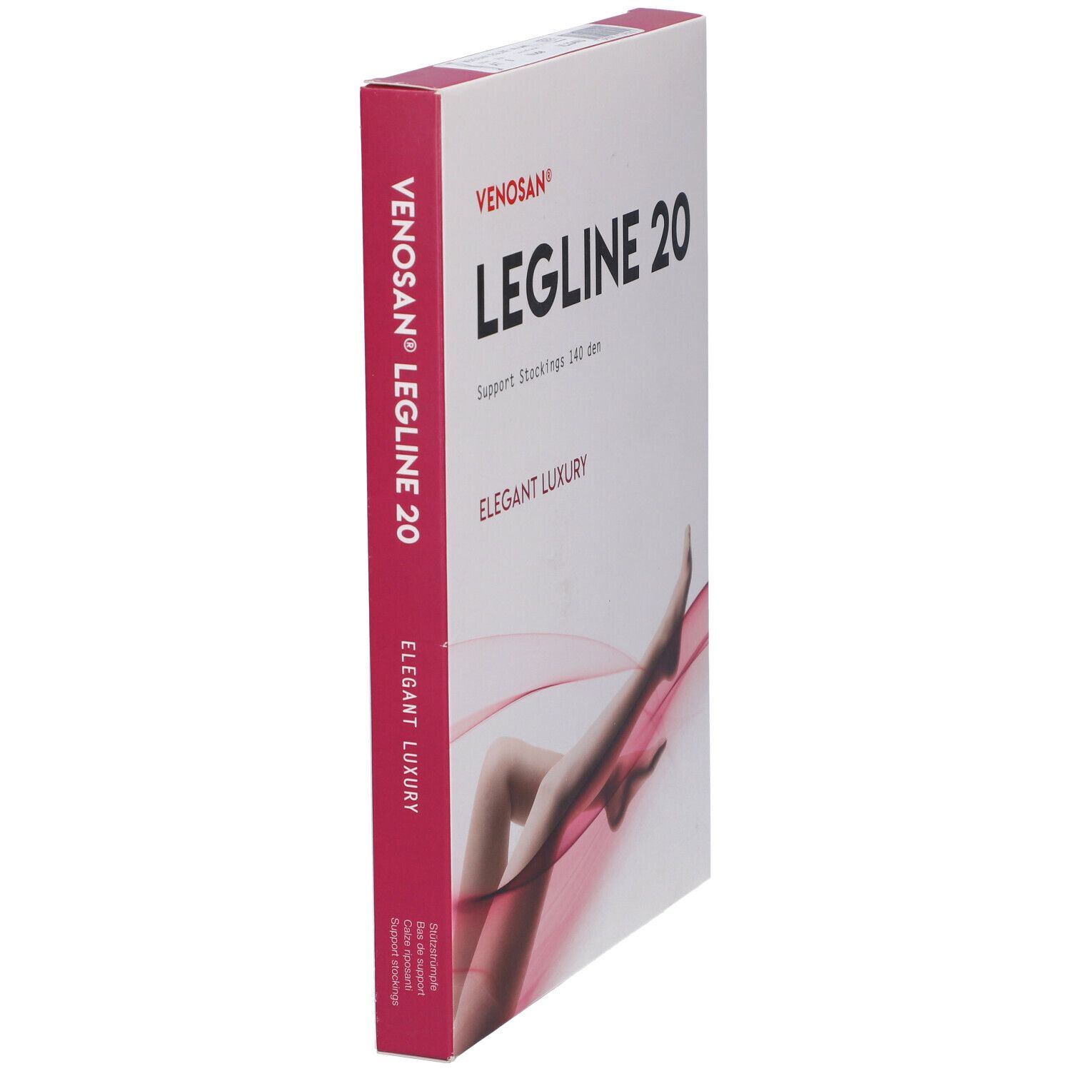 Confezione Venosan Legline 20. Scritta: Legline 20, Support Stockings 140 den, Elegant Luxury. Vista laterale.