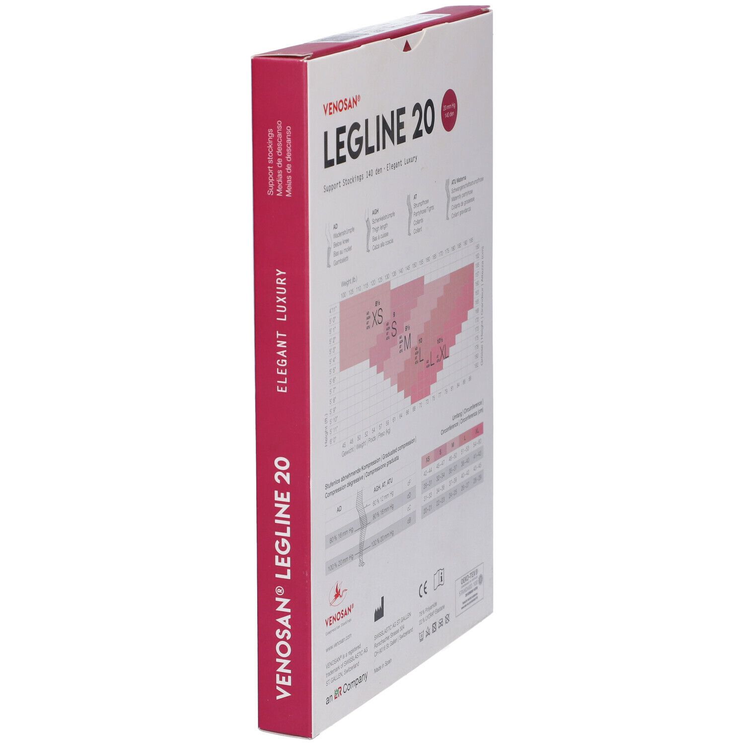 Confezione Venosan Legline 20. Vista laterale con tabella taglie e informazioni. Scritta: Legline 20, Support Stockings.