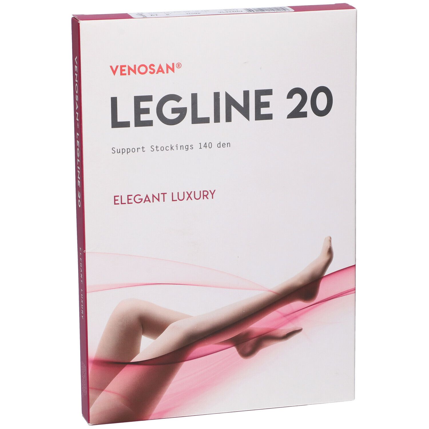 Confezione Venosan Legline 20. Scritta: Legline 20, Support Stockings 140 den, Elegant Luxury. Immagine di gambe.