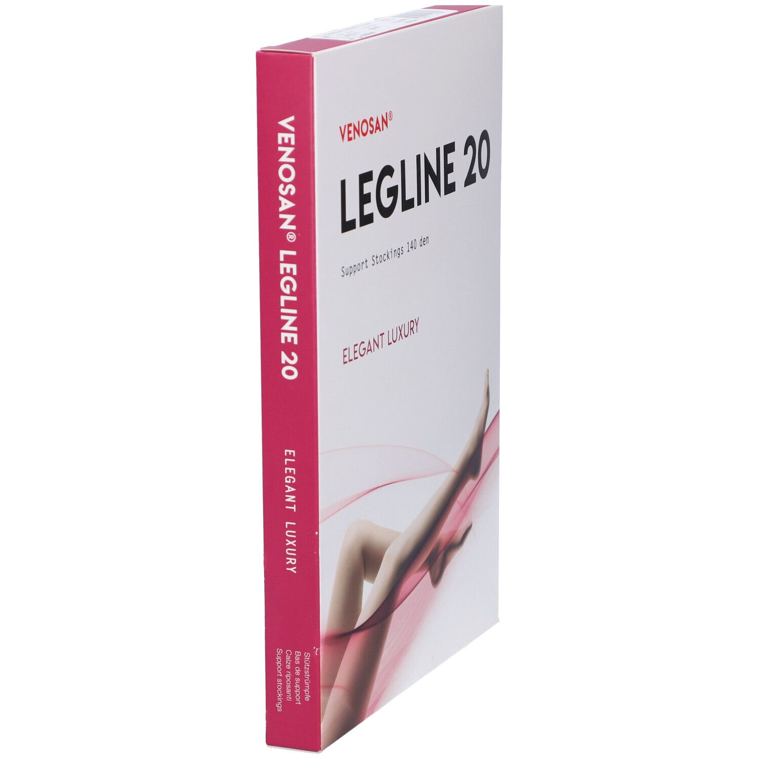 Confezione Venosan Legline 20. Scatola bianca con nome prodotto e illustrazione gamba. Accenti rosa.