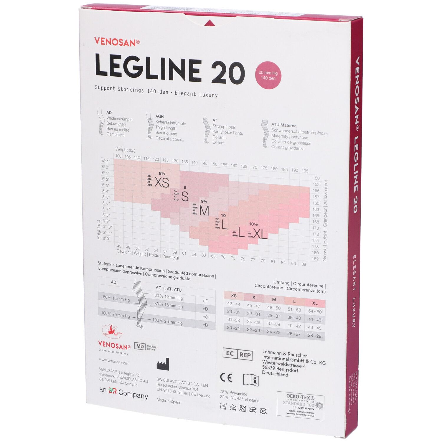 Confezione Venosan Legline 20. Retro con tabella taglie e informazioni prodotto. Accenti rosa.