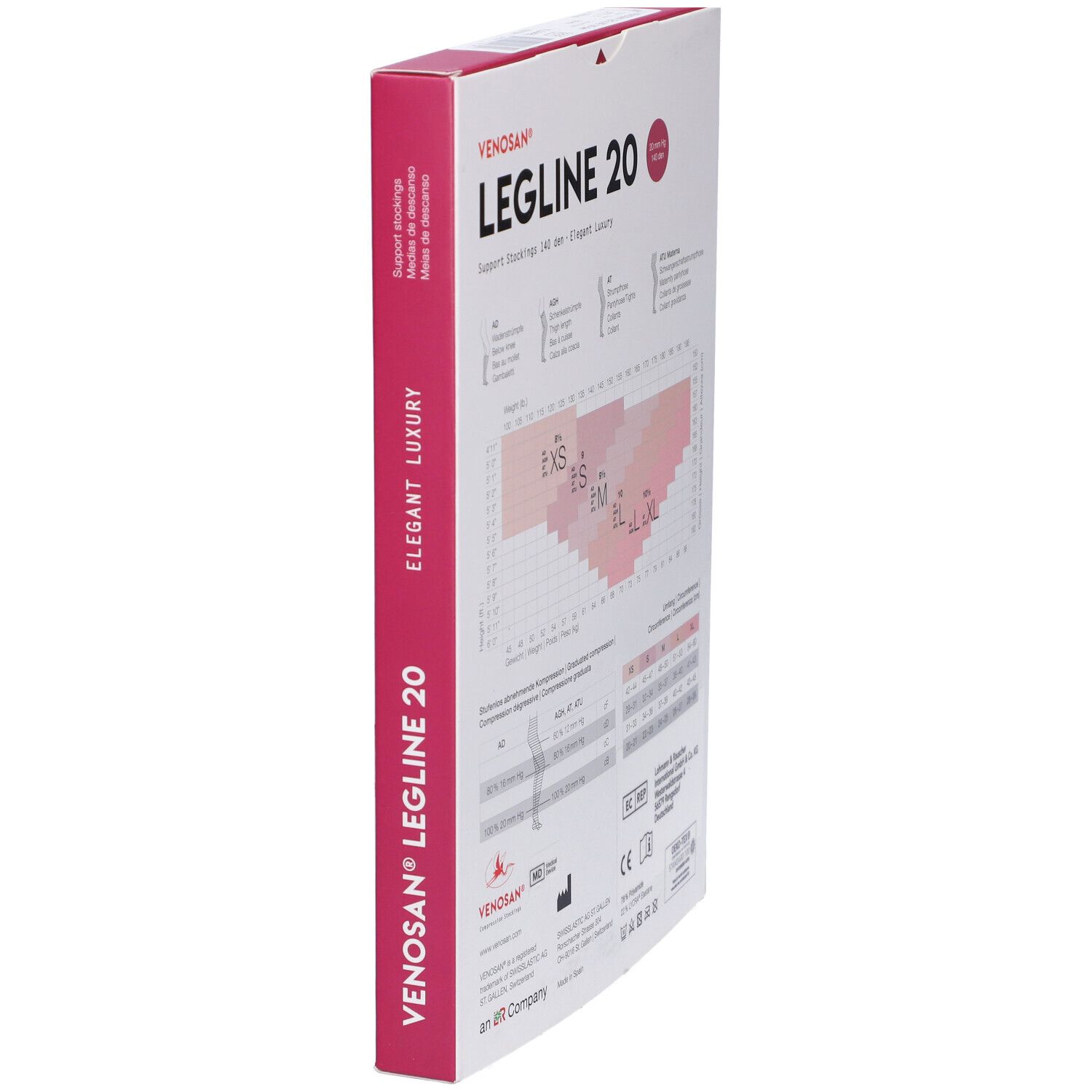 Confezione Venosan Legline 20. Vista laterale con nome prodotto e tabella taglie. Accenti rosa.