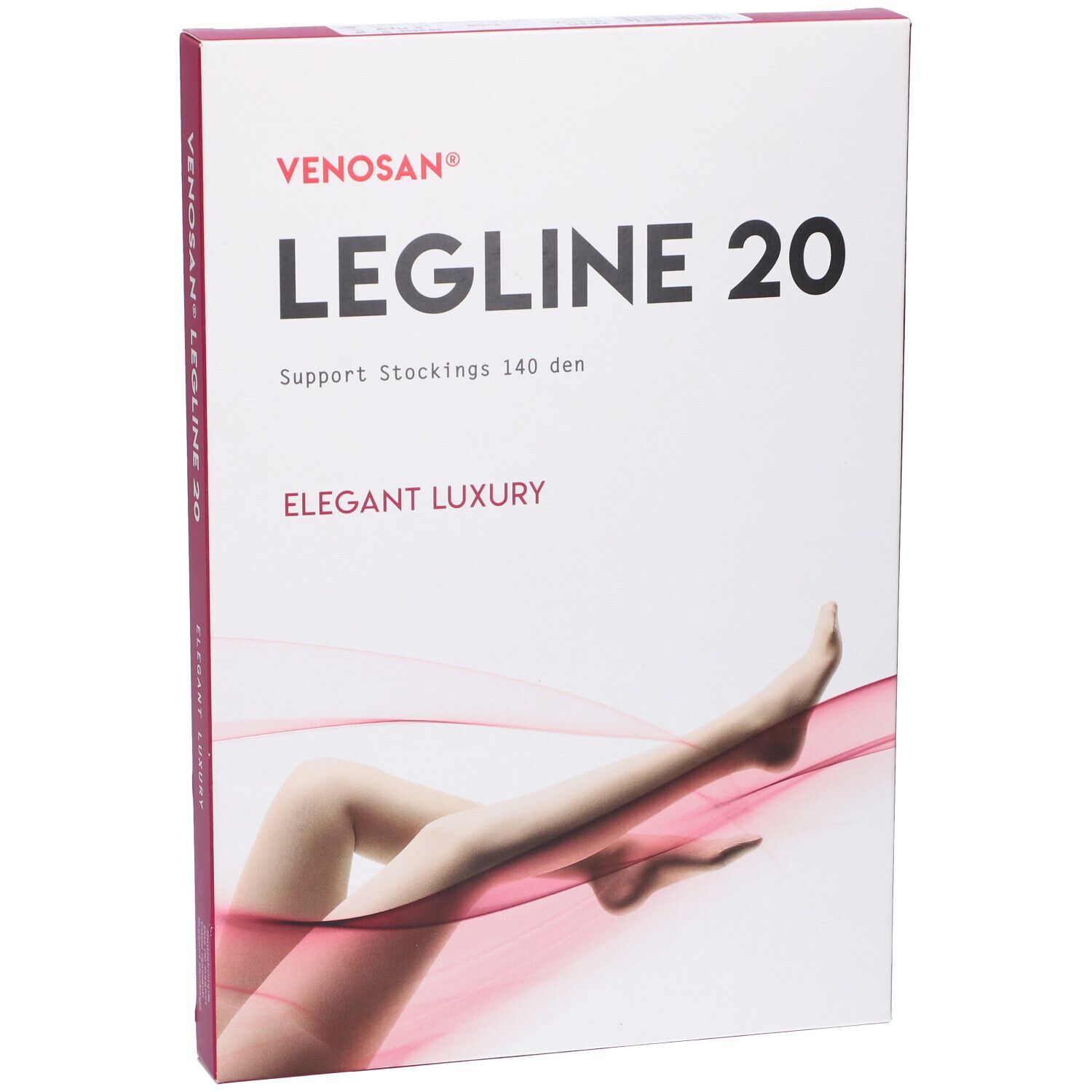 Confezione Venosan Legline 20. Scatola bianca con nome prodotto e illustrazione gamba. Accenti rosa.
