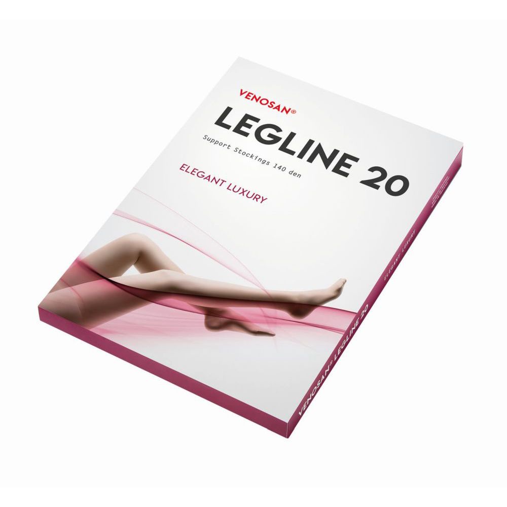 Confezione di calze Legline 20, marchio Venosan. Testo: Elegant Luxury, Support Stockings 140 den. Gambe raffigurate.