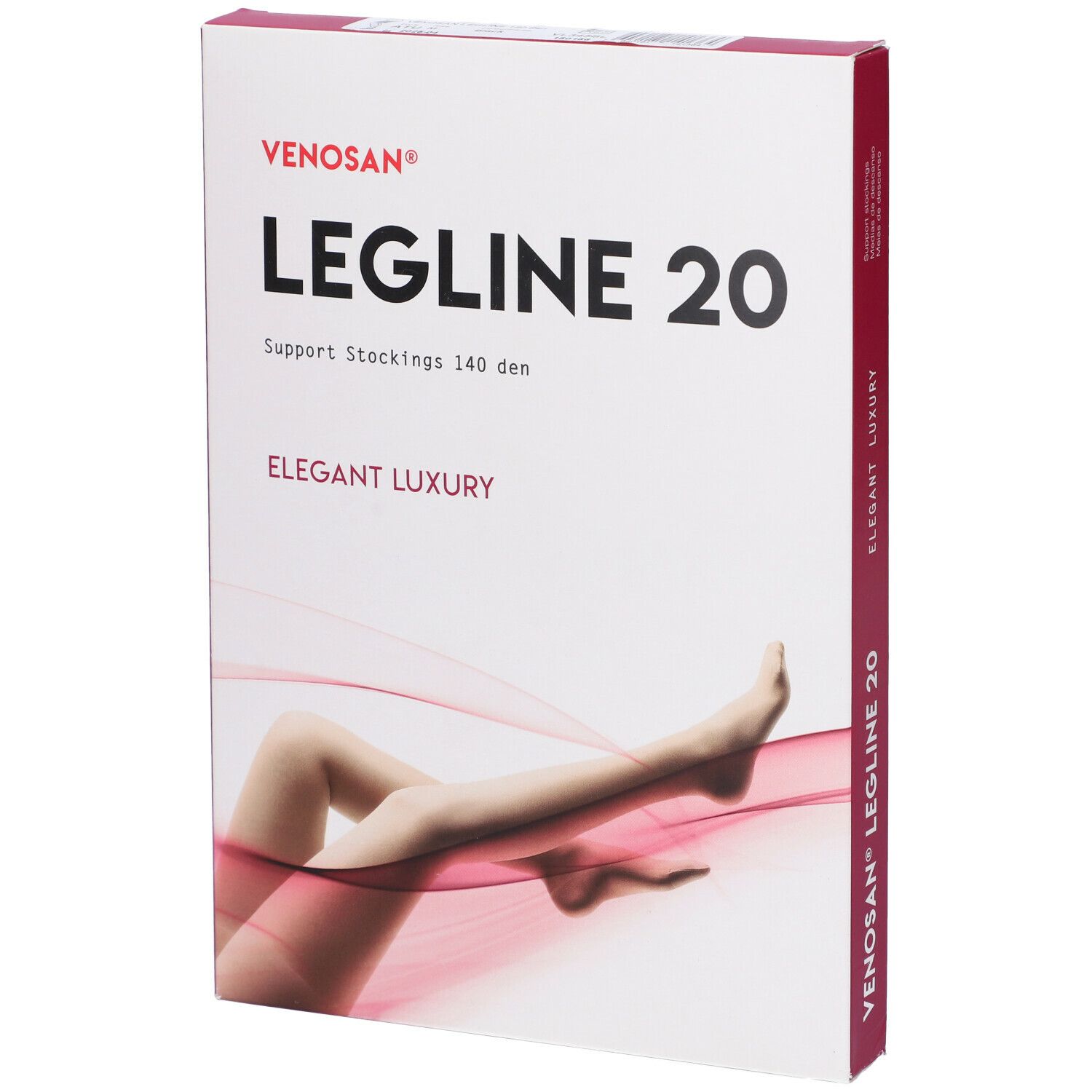 Confezione di calze Legline 20, marchio Venosan. Testo: Elegant Luxury, Support Stockings 140 den. Gambe raffigurate.