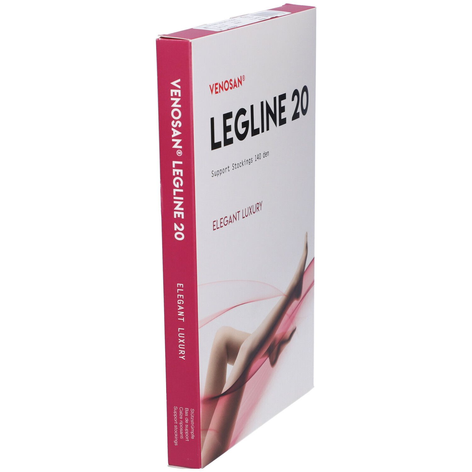 Confezione di calze Legline 20, marchio Venosan. Testo: Elegant Luxury, Support Stockings 140 den. Vista laterale.