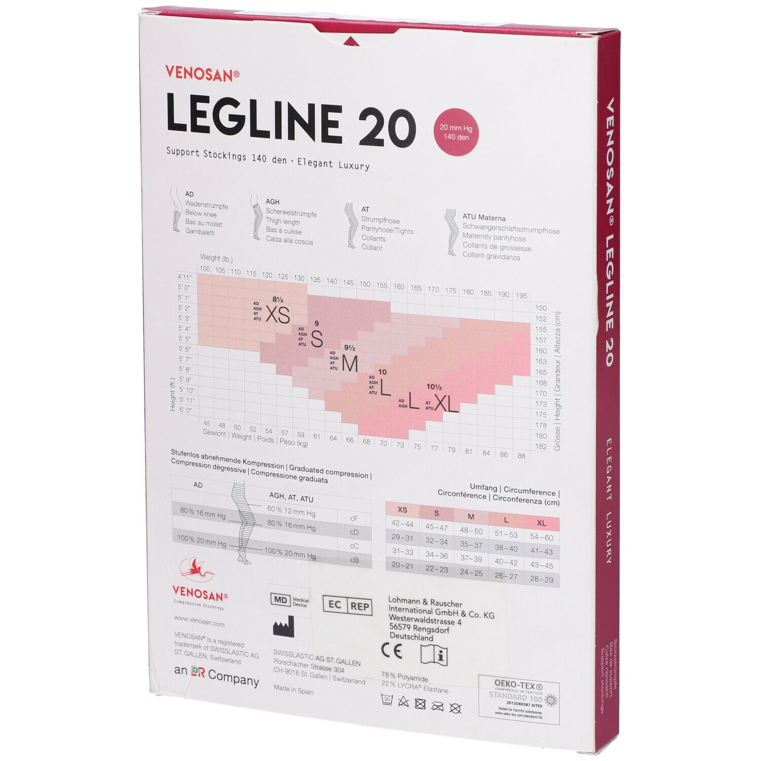 Retro della confezione di calze Legline 20, marchio Venosan. Informazioni sulle taglie e sul prodotto.
