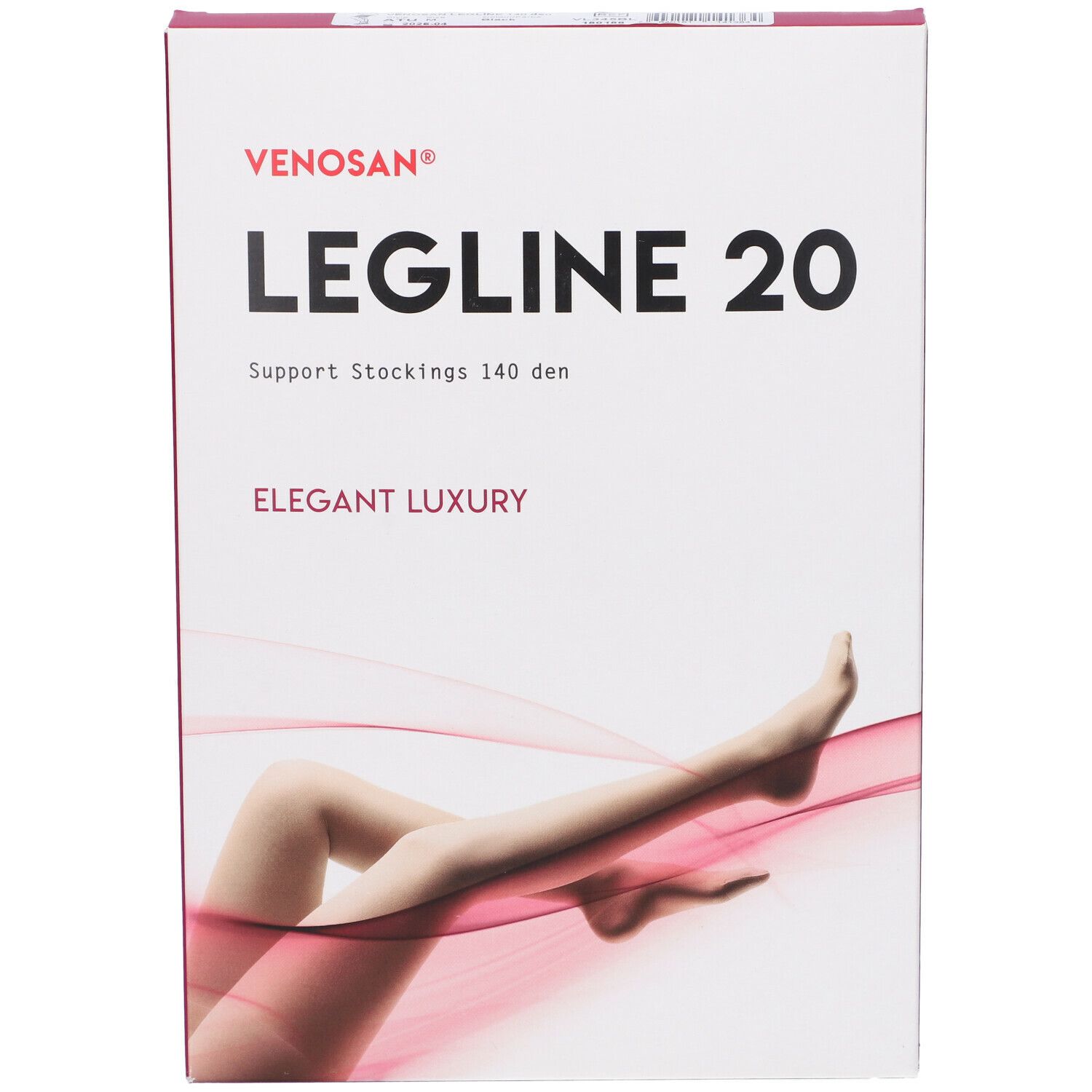 Confezione di calze Legline 20, marchio Venosan. Testo: Elegant Luxury, Support Stockings 140 den. Gambe raffigurate.
