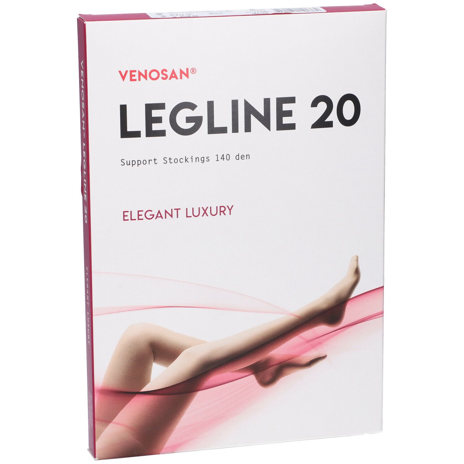 Confezione di calze Legline 20, marchio Venosan. Testo: Elegant Luxury, Support Stockings 140 den. Gambe raffigurate.