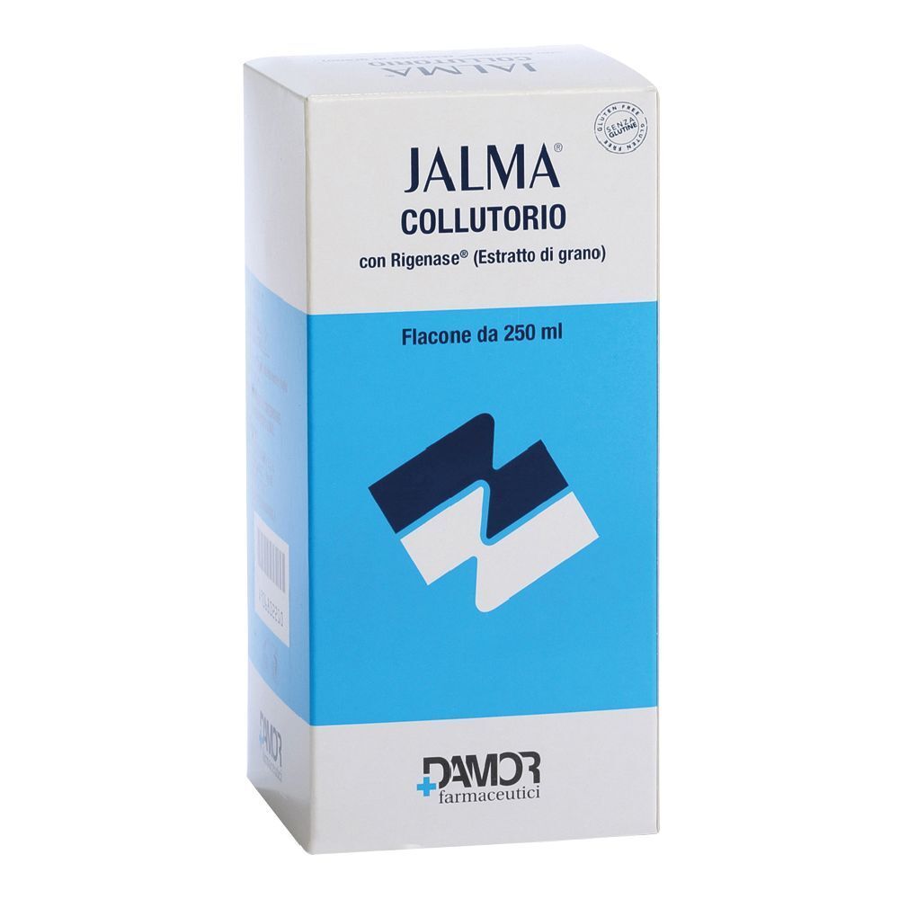 Scatola con stampa del prodotto. Grafica blu e bianca. Testo: Jalma, Collutorio, Rigenase, Flacone da 250 ml. Damor Farmaceutici.