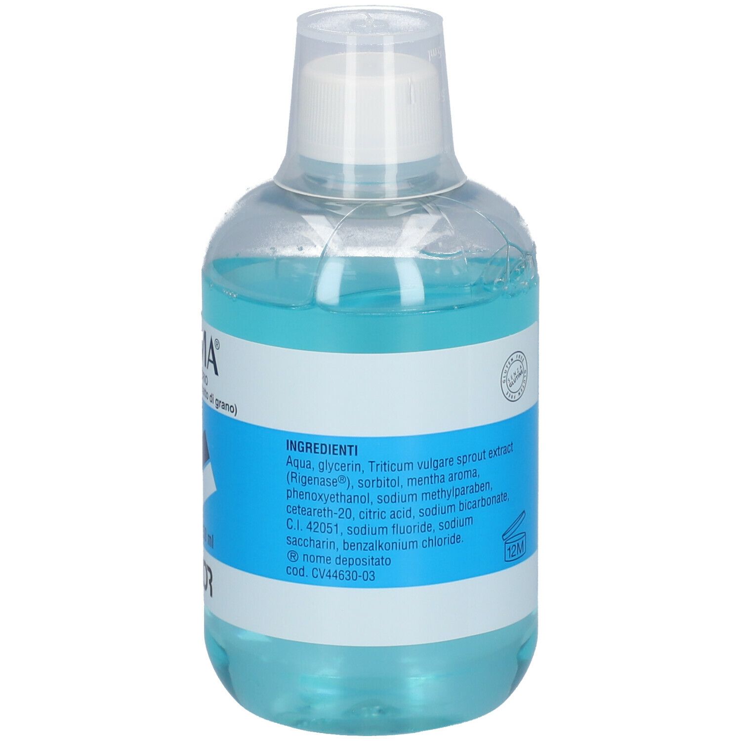 Retro del flacone con liquido blu. Testo: Ingredienti, informazioni produttore. 12M. Codice CV44630-03.