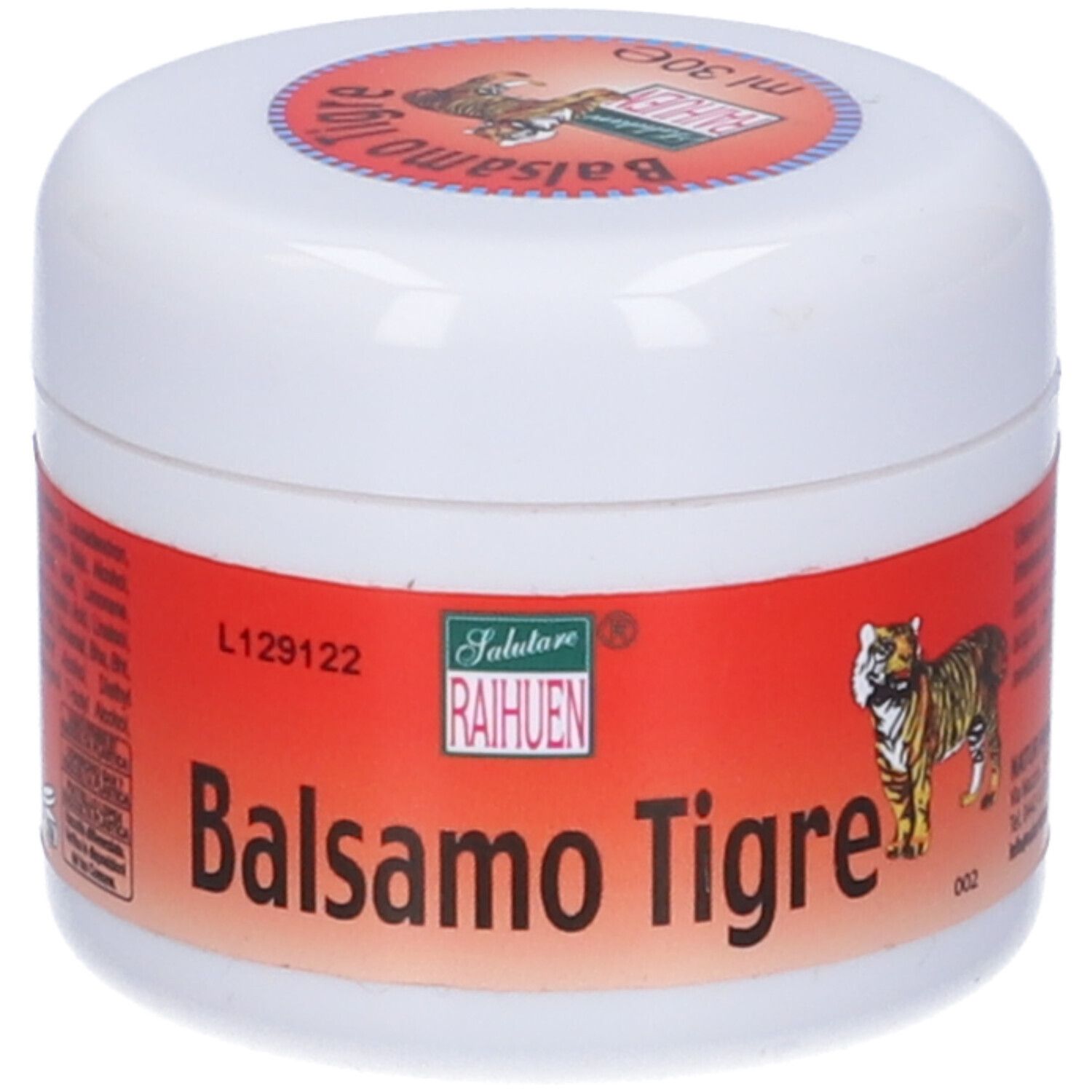 Vasetto bianco con etichetta rossa. "Balsamo Tigre" e una tigre visibili.