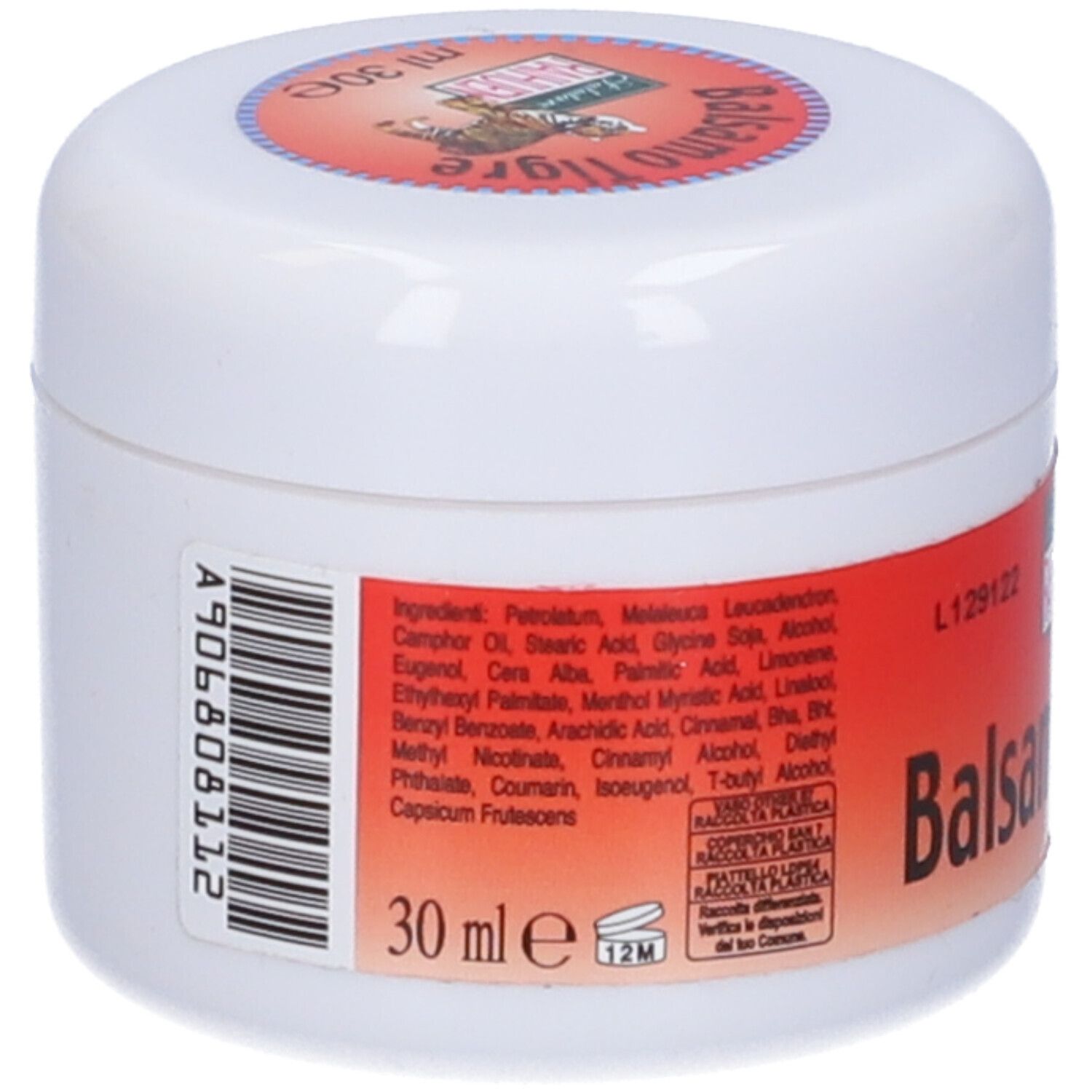 Vasetto bianco con etichetta rossa. Ingredienti e "30 ml" visibili.