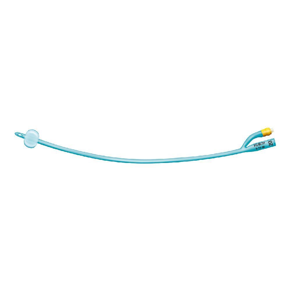 Catetere blu con due aperture e palloncino. Connettore giallo. Su sfondo bianco.
