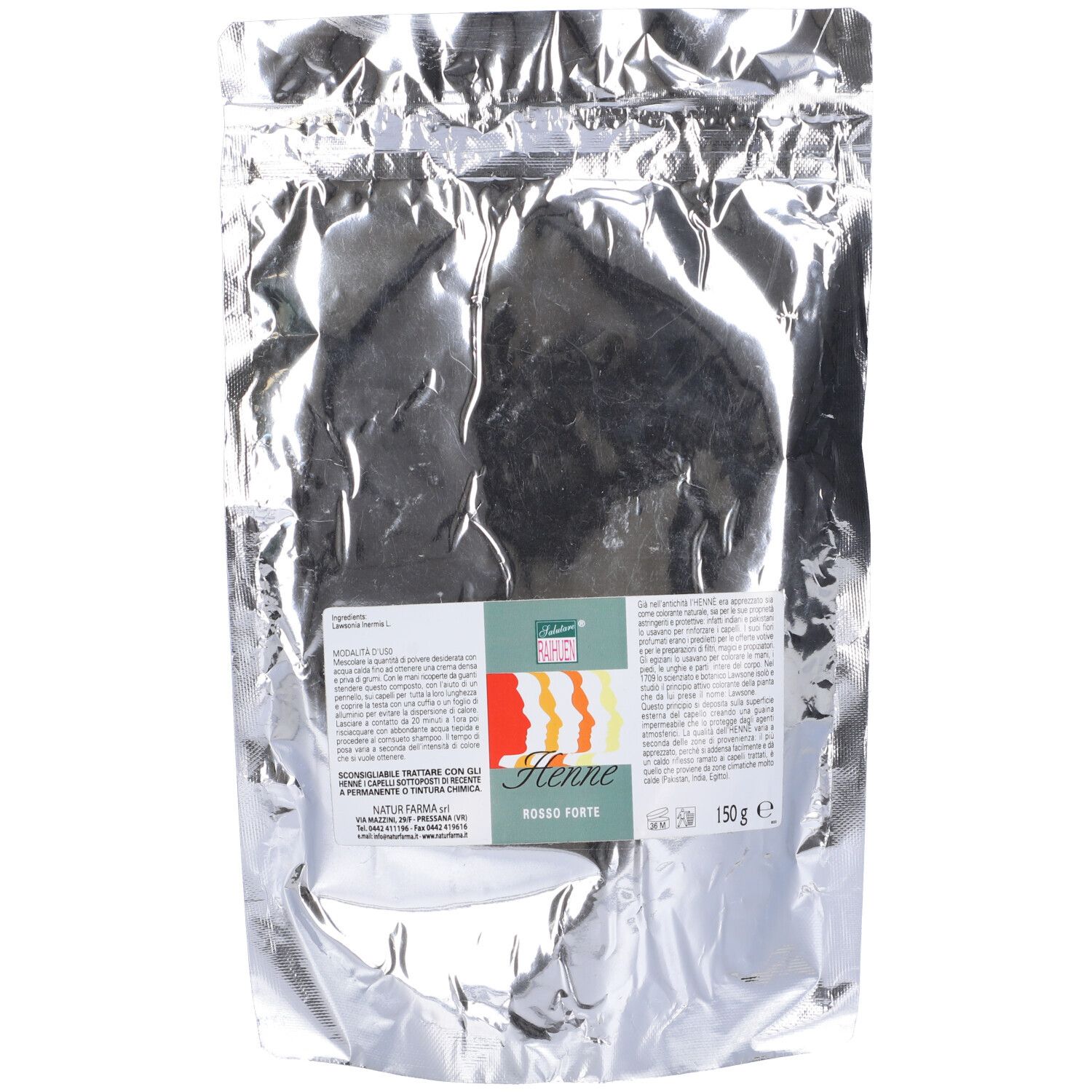 Confezione argentata con etichetta. Nome prodotto: Henne Rosso Forte. Peso: 150 g.