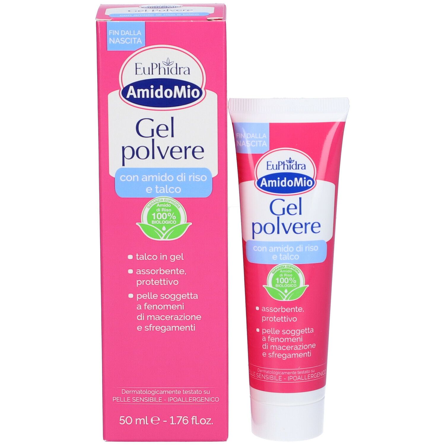 Confezione e tubo. Confezione rosa con tubo. Scritta: EuPhidra AmidoMio Gel polvere. Con amido di riso e talco. 100% naturale.