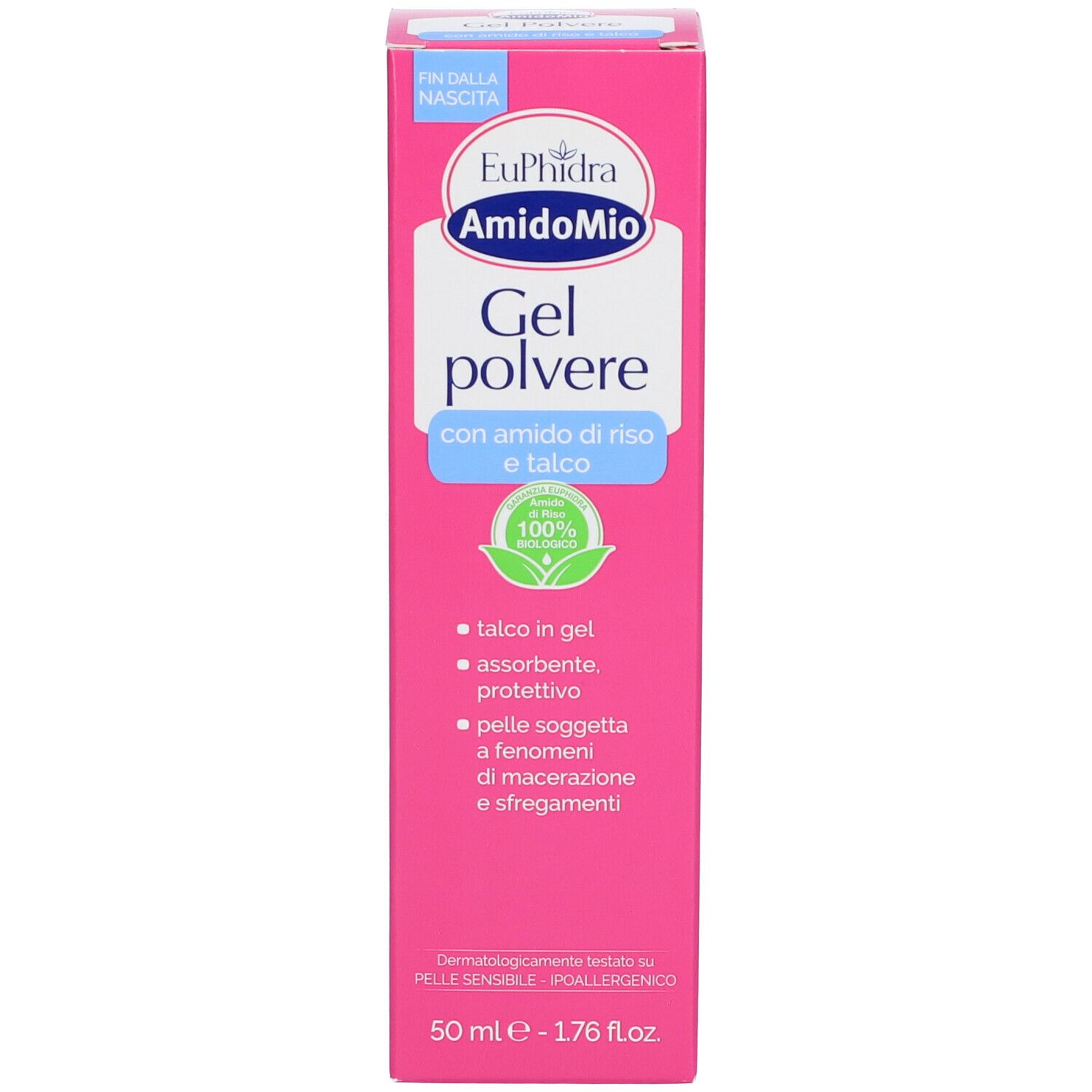Confezione rosa. Scritta: EuPhidra AmidoMio Gel polvere. Con amido di riso e talco. 100% naturale. Per pelli sensibili. 50 ml.