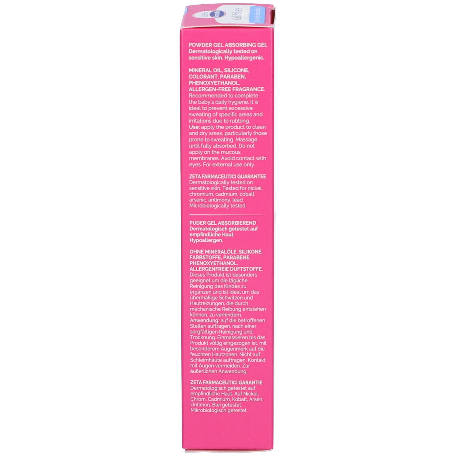 Confezione. Testo multilingue. Contiene informazioni sugli ingredienti e l'uso. Dermatologicamente testato.