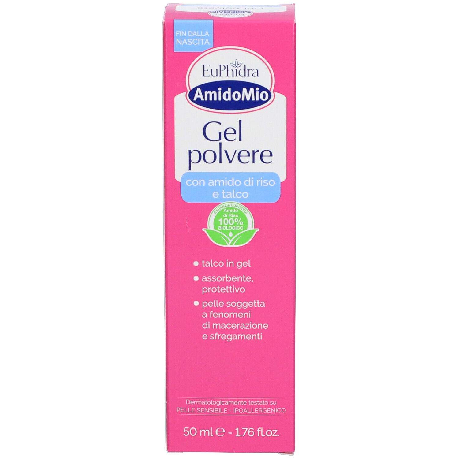 Confezione rosa. Scritta: EuPhidra AmidoMio Gel polvere. Con amido di riso e talco. 100% naturale. Per pelli sensibili. 50 ml.