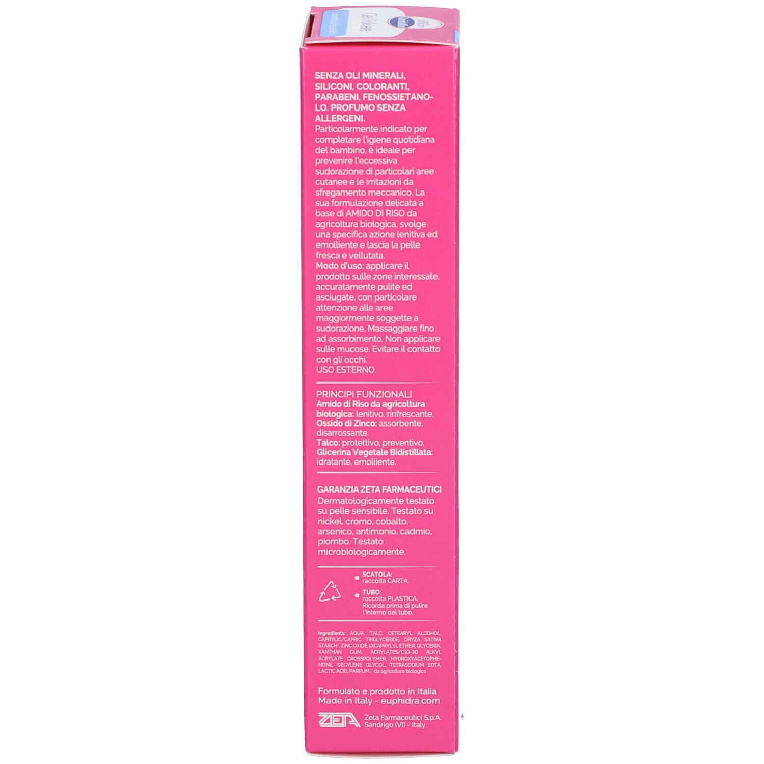 Confezione. Testo multilingue. Contiene informazioni sugli ingredienti e l'uso. Dermatologicamente testato.