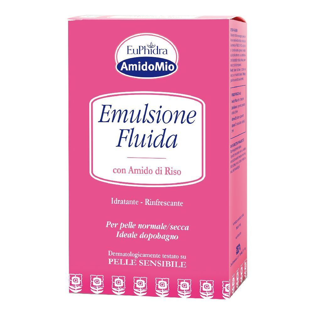Confezione rosa Euphidra AmidoMio Emulsione Fluida. Scritte: 'con Amido di Riso', 'Idratante - Rinfrescante'.