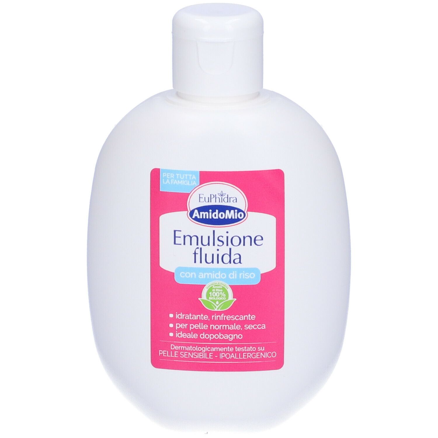 Flacone bianco Euphidra AmidoMio Emulsione Fluida. Etichetta rosa con testo. Tappo bianco.